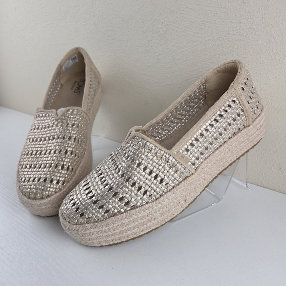 TOMS Valencia Champagne Espadrille Platform Slip On Shoes Boho Gold Womens 9 New